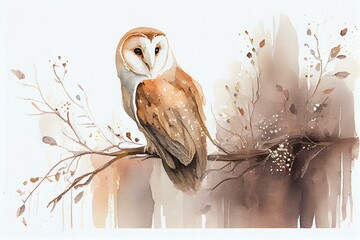A barn owl in a tree, watercolour style generative AI