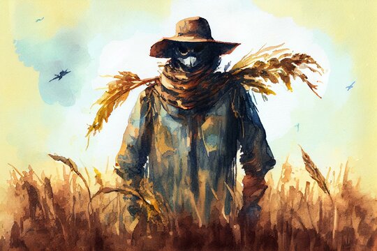 A scarecrow in a cornfield, watercolour style generative AI