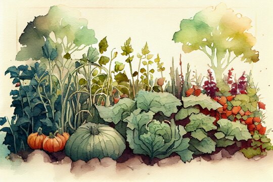 A vegetable garden, watercolour style generative AI