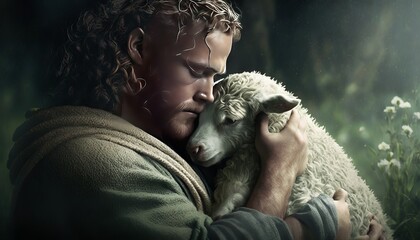 Jesus and the Lamb. AI Generative.
