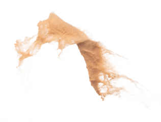Small Fine size Sand flying explosion, Golden grain wave explode. Abstract cloud fly. Yellow colored sand splash throwing Air. White background Isolated high speed shutter, throwing freeze stop motion