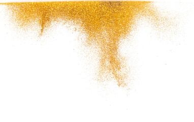 Explosion metallic gold glitter sparkle bokeh isolated white background decoration. Golden Glitter powder spark blink celebrate, blur foil part explode in air, fly throw gold glitters particle shape