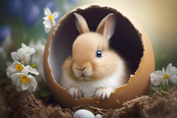 Fototapeta premium Cute Baby Rabbit As Easter Bunny Sitting In Easter Egg As Easter Background Wallpaper Design, Easter Holiday, Generative Ai