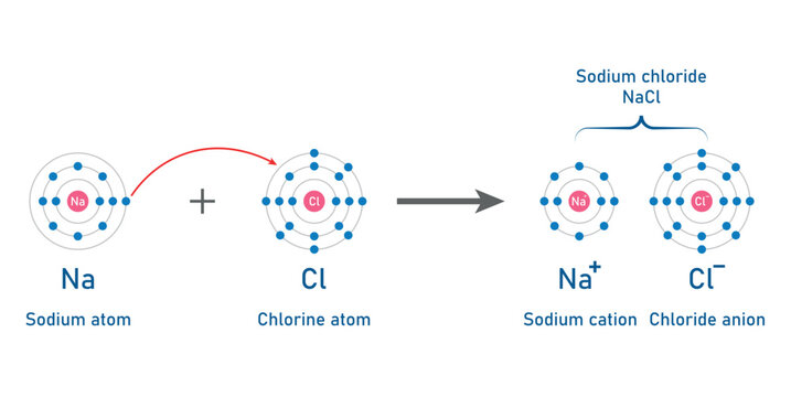 Ionic bonding in sodium chloride atoms. Vector illustration isolated on white background.