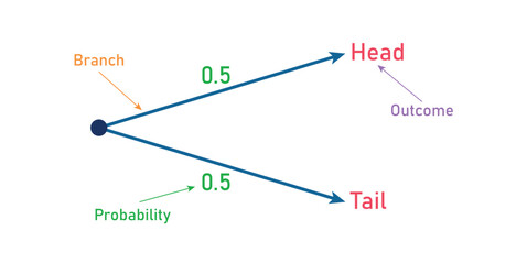 Tree diagram for the toss of a coin. Vector illustration isolated on white background.