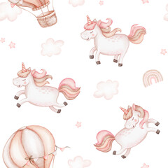 Unicorn Seamless Pattern. Watercolor digital paper. Unicorns, hot air balloon, rainbow pattern - 577852535