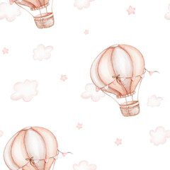 Hot air balloon seamless pattern. Watercolor digital paper. Hot air balloon, clouds and stars pattern - 577852536