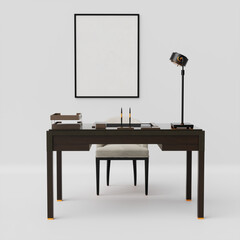 Blank picture frame mockup on a wall with working table and chair white background