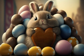 Fototapeta na wymiar Cute Easter Bunny Holding A Heart On Top Of So Many Easter Eggs, Easter Holiday, Generative Ai