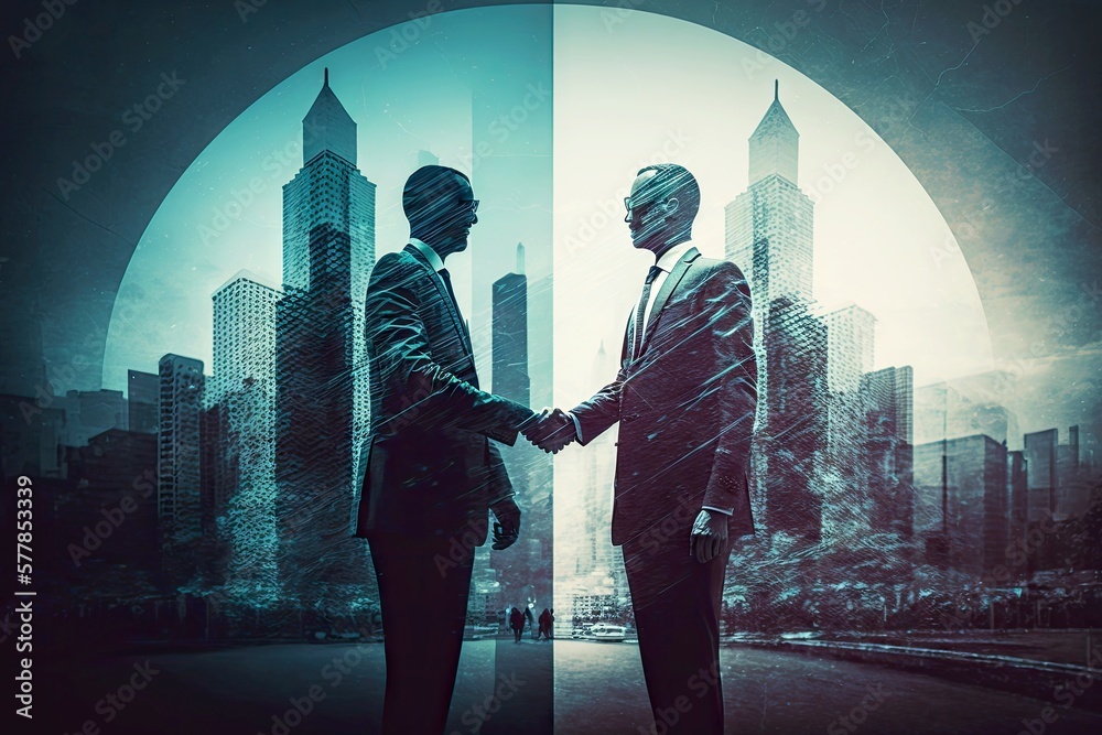 Poster double exposure of business partners shaking hands congratulating each other, people against cityscape, created with generative ai