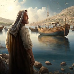  Jesus by the Sea of Galilee. AI Generative.