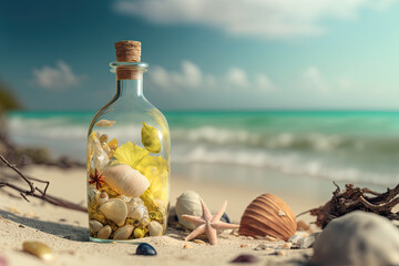 Obraz premium a water bottle on the beach filled with sea stuff. Generative AI