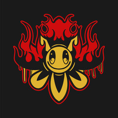 Cartoon with a red fire element in it. Old-fashioned seamless pattern.