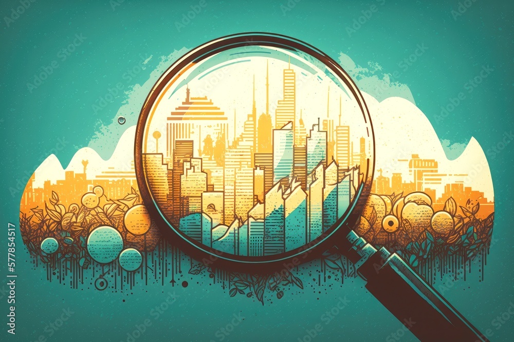 Canvas Prints retro doodle magnifying glass over city business graph double exposure illustration, created with generative ai