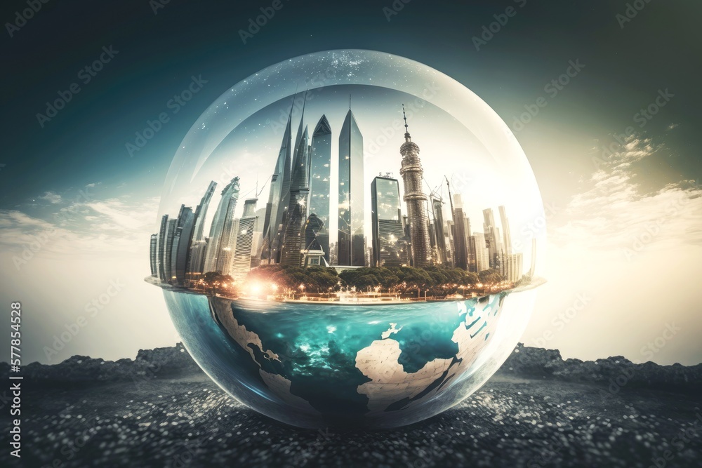 Poster double exposure of global city, business and enterprise concept, created with generative ai