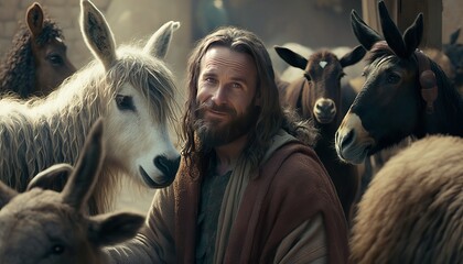 Jesus in the entrance of a Village with animals. AI generative.