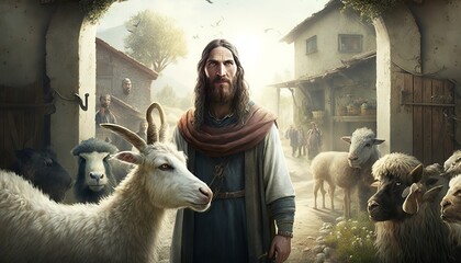 Jesus in the entrance of a Village with animals. AI generative.