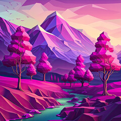 pink mountain landscape with trees and a river low poly Generative AI