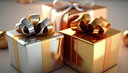 gift boxes with golden and silver ribbons Generative AI