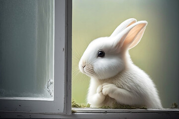 White Easter Bunny Looking Out Of The Window, Easter Holiday, Generative Ai