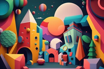 Cartoon-Style Geometric-Based Abstract Colorful Backdrop for Creative Design, Generative AI