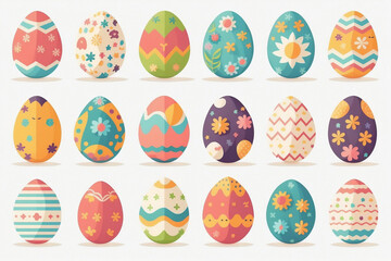 Set Of Easter Eggs Flat Design On White Background, Easter Holiday, Generative Ai