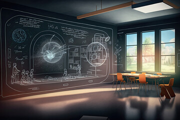 Futuristic school classroom with augmented reality projected in a electronic blackboard, generative AI