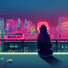 ai-generated illustration vector of a girl sitting on the edge of a building looking at a neon city with headphones on, listening to music 