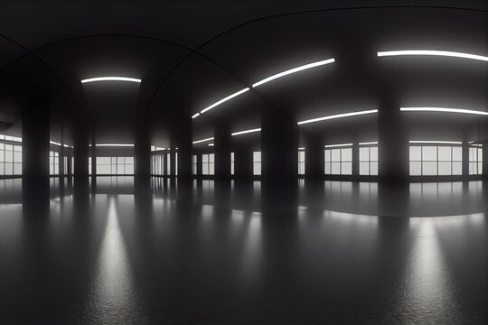 360 degree full panorama environment map of dark futuristic studio laboratory empty hall 3d render illustration hdri hdr vr virtual reality. Generative AI