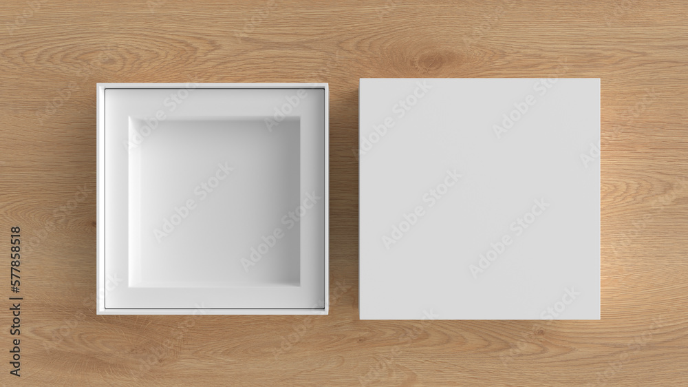 Wall mural Square open box packaging mockup on wooden background. Template for your design