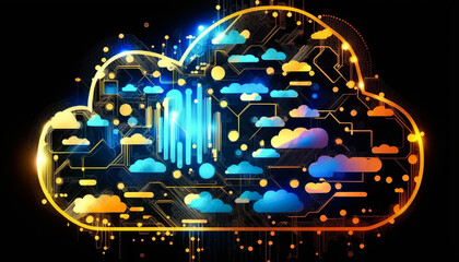 Glowing Cloud icon technology concept, exploded panel with cloud services and data protection, artificial intelligence information processing 