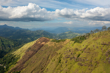 Mountains with rainforest and agricultural land in a mountainous province in Sri Lanka.