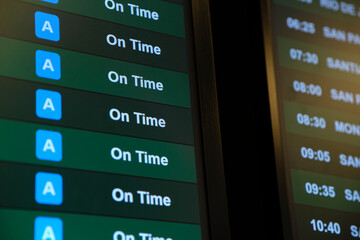 Screen with information on international flight departures, all are on schedule.