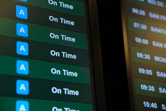 Screen with information on international flight departures, all are on schedule.