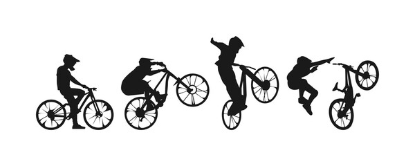 set of silhouettes of bmx biker, downhill, cyclists with different position, gesture, pose. drove, jumped, freestyle, fell. extreme sport, bicycle, vehicle concept.