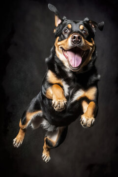 A very happy Rottweiler jumping in the air . Created using generative AI tools
