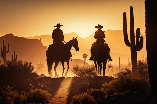 Majestic View - Cowboys in the Desert at Sunset Generative AI
