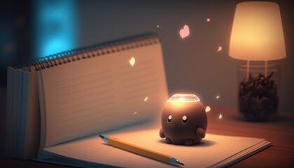 Cute notepad with table, blur, soft light. Wallpaper