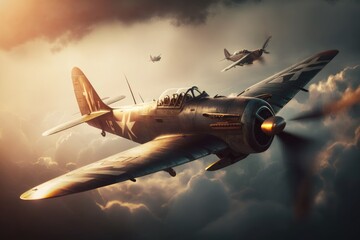  Unforgettable Sunset Sight of WWII Fighter Jets Generative AI
 - obrazy, fototapety, plakaty