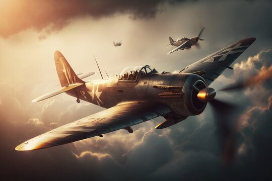  Unforgettable Sunset Sight of WWII Fighter Jets Generative AI
