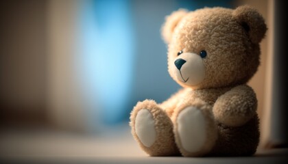 Cute plush toy Bear, sits on the table, soft warm lighting, background blur