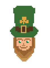 Face of Saint Patrick wearing a green top hat with a golden shamrock. Pixel art vector illustration. Saint Patrick's day. Isolated in white background.