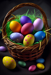 Fototapeta na wymiar Small wicker basket with different colors easter eggs, closeup, AI