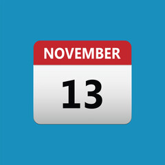 13th November calendar icon. November 13 calendar Date Month icon. Isolated on blue background