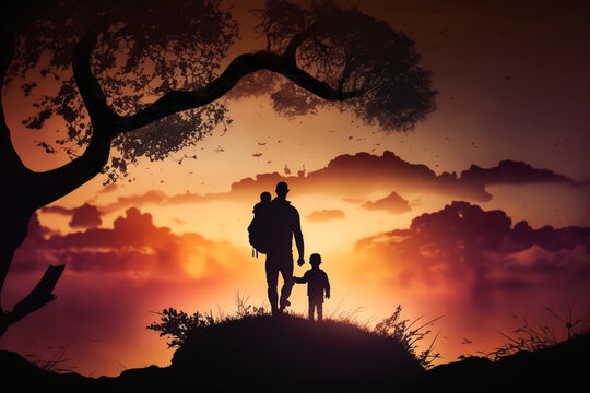 father and son relationship concept, silhouette at sunset, fathers day ,generative ai