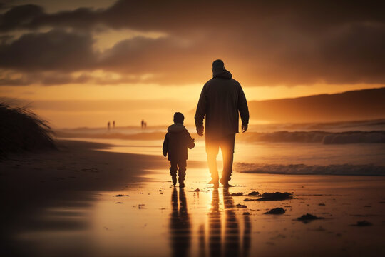 Father and son on beach on sunset, fathers day, generative ai