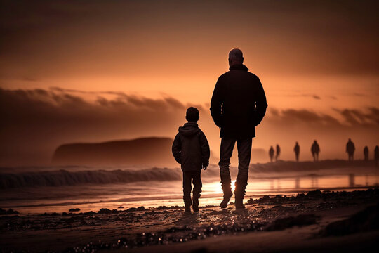 Father and son on beach on sunset, fathers day, generative ai
