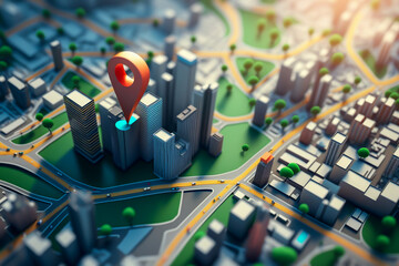 3d city map with 3d pinters location, gps, transport concept, generative ai