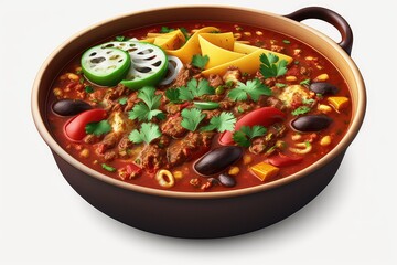 Chili is a spicy, flavorful dish that is a popular staple in many cultures. It typically consists of several different ingredients such as beans, tomatoes, onions, garlic, chili peppers, and spices