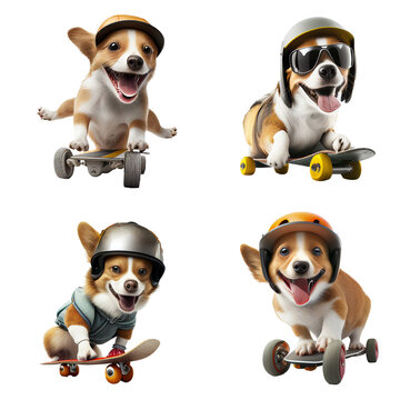 Set of Cute dogs wearing a helmet and playing on skateboard. isolated on white background, image ai generate